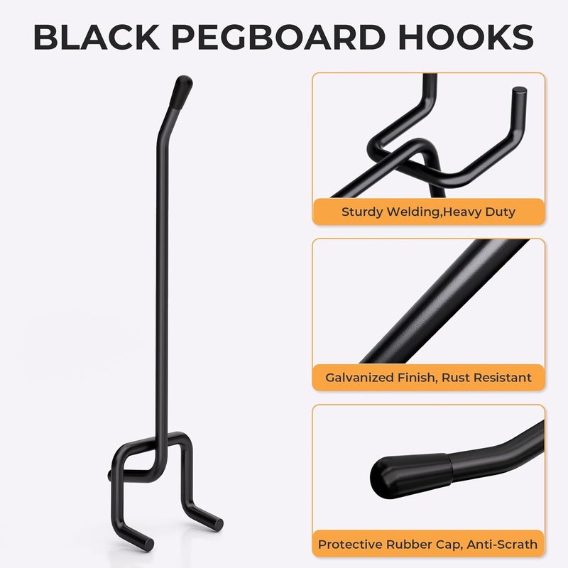 INCLY 120 Pack Black Pegboard Hooks, 4/6/8 Inch Peg Board Shelving Hooks Accessories, Peg Board Tool Hangers Fit for 1/8“ and 1/4" Pegboard Hanging Tools for Garage, Craft Room, Kitchen, Store - Image 4